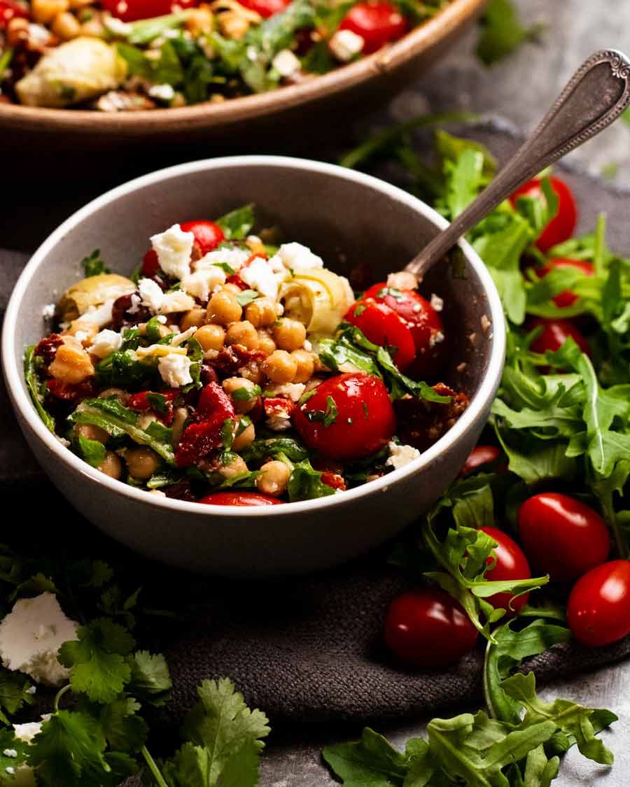 Eating Antipasto chickpea salad