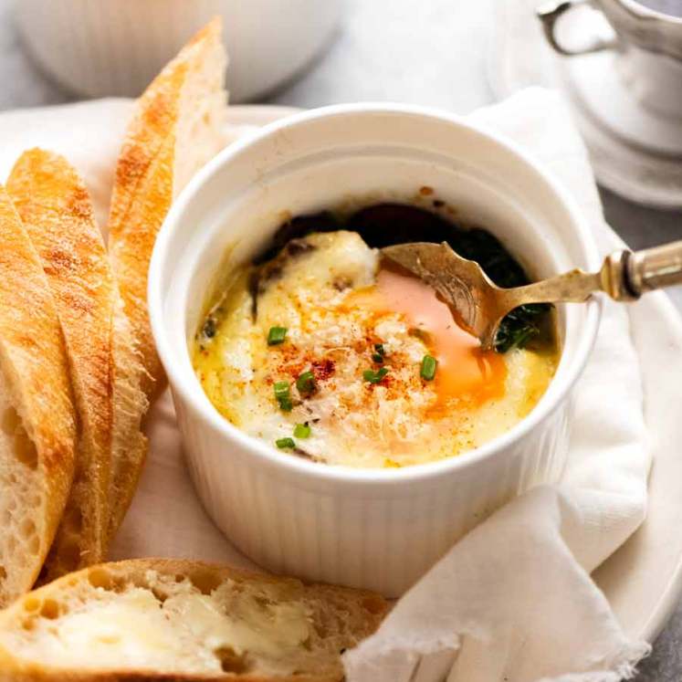 Freshly made Baked Eggs (shirred eggs) being eaten