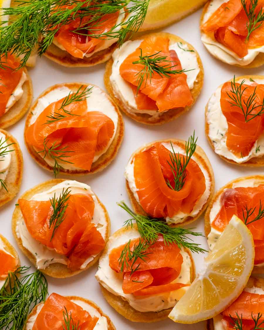 Overhead photo of Blini with smoked salmon