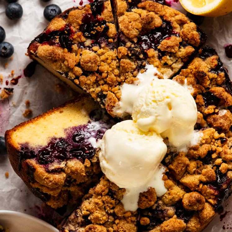 Overhead photo of Bursting Blueberry Crumb Cake