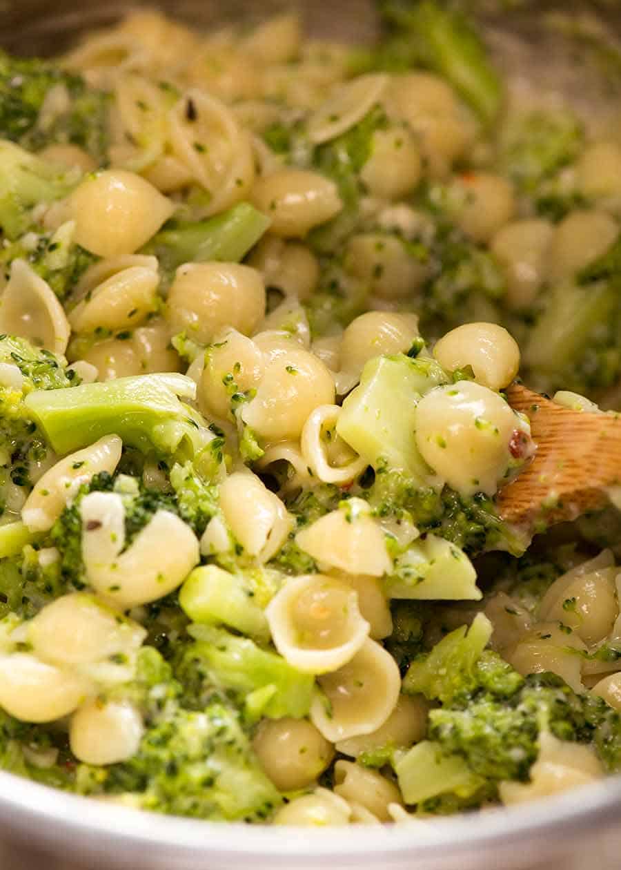 Close up of broccoli pasta in a pot, ready to be served