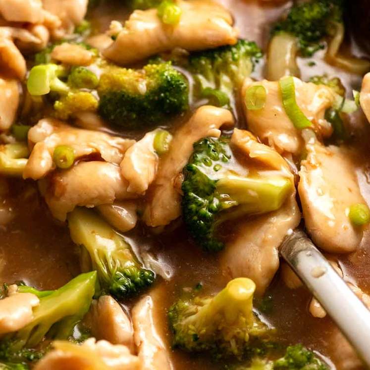 Close up of saucy Chicken Broccoli Stir Fry, ready to be eaten