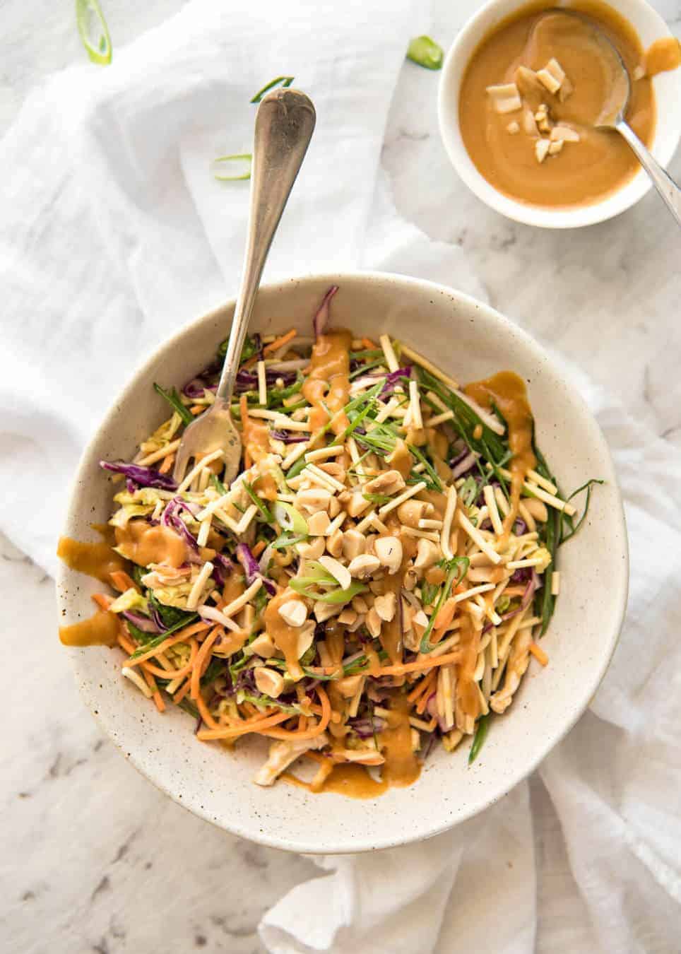 Chinese Chicken Salad with Asian Peanut Salad Dressing - made with cabbage, shredded chicken, crunchy noodles, carrot and a killer peanut dressing! www.recipetineats.com