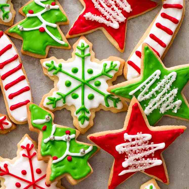 Overhead photo of iced Christmas Cookies on a tray