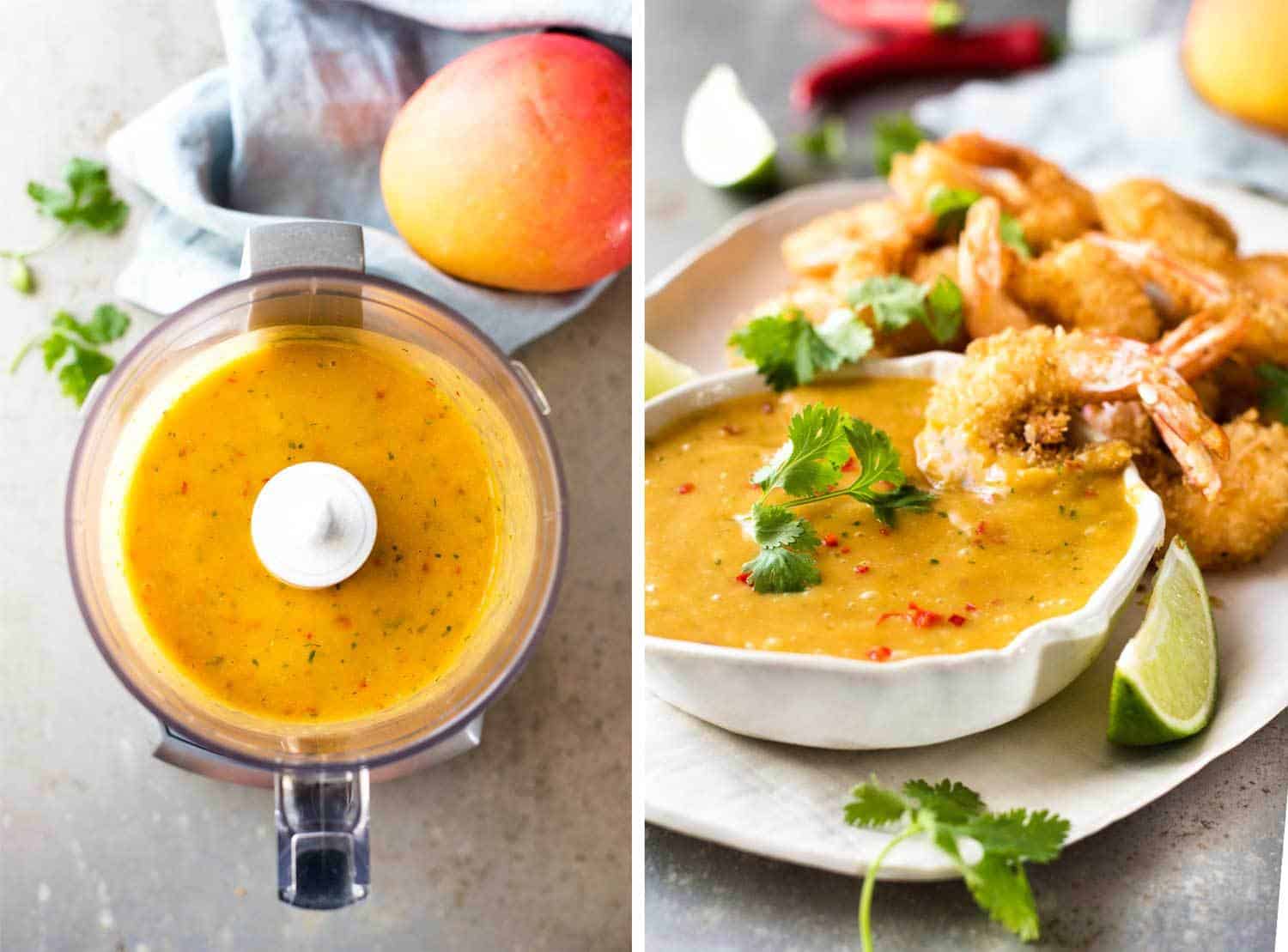 Coconut Shrimp / Prawns with Spicy Thai Mango Sauce in blender and finished sauce