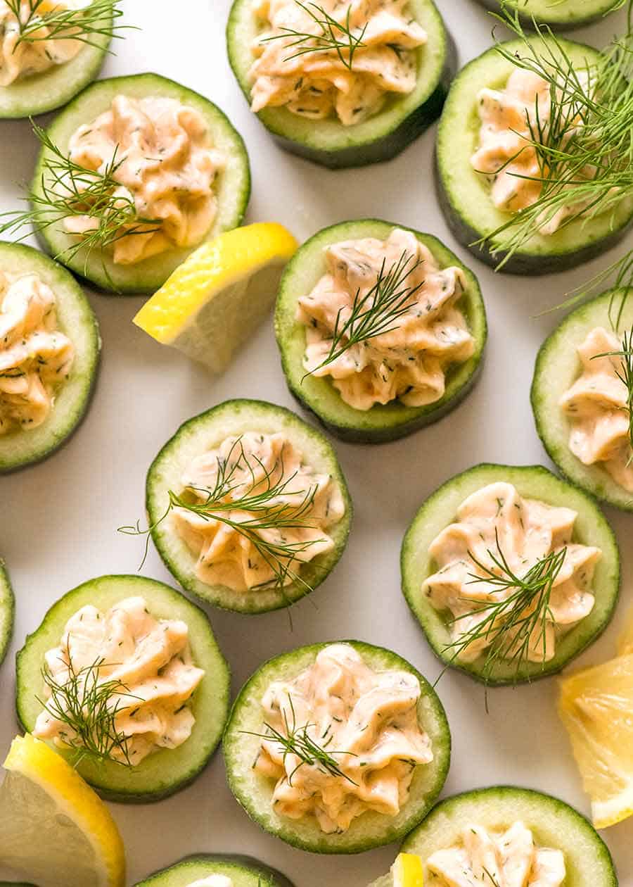 Overhead photo of Cucumber Finger Food with Smoked Salmon Mousse