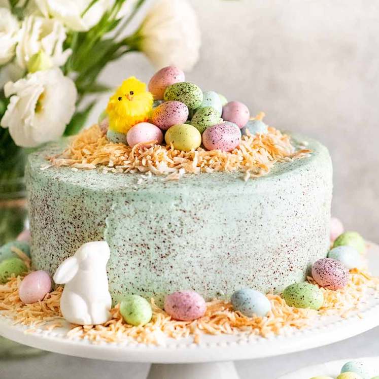 Easter Cake on a white stand, ready to be served