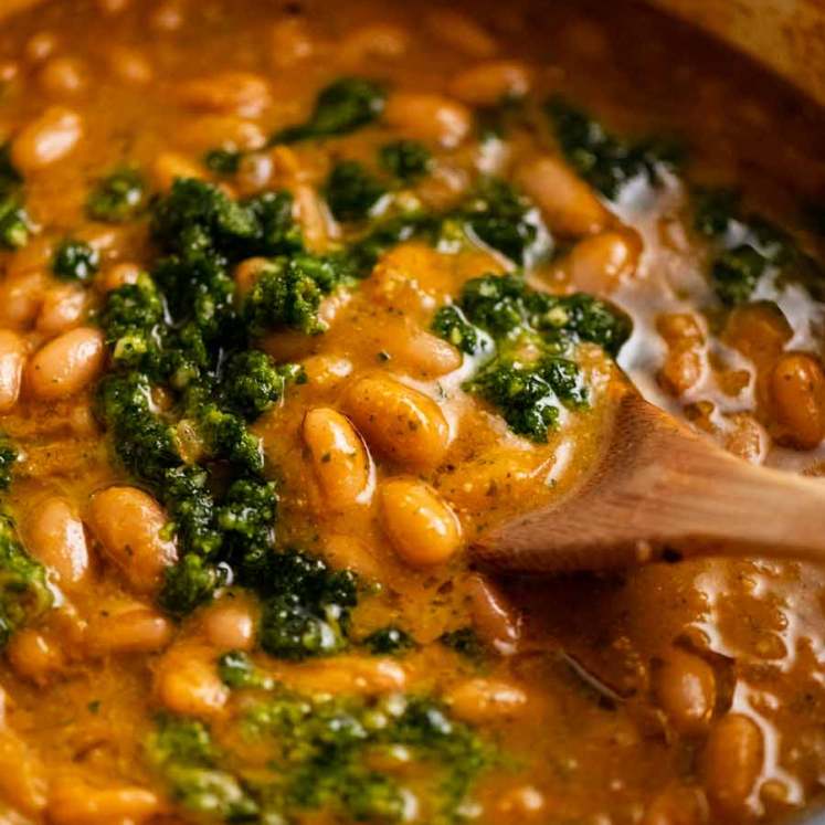 Close up of freshly made pot of El Bulli Bean Soup with Picada