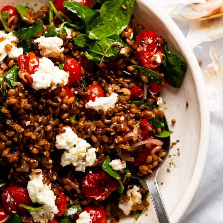 Overhead dish of Farro Salad