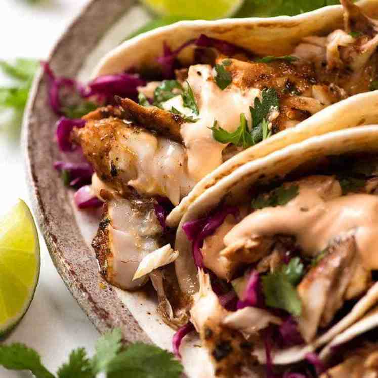 Close up of Fish Tacos on a plate, ready to be eaten