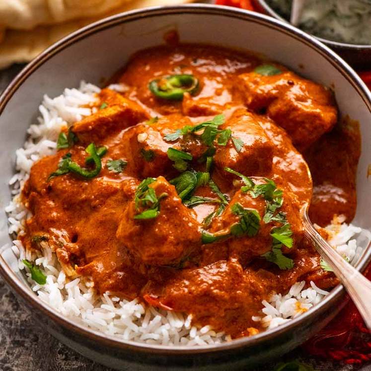 Goan Fish Curry in a bowl with basmati rice