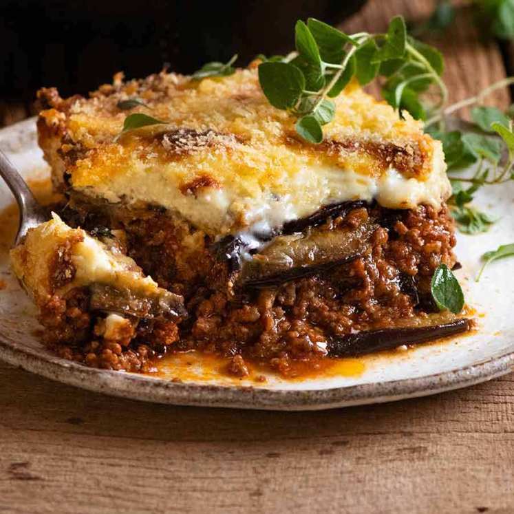 Close up photo of a slice of Greek Moussaka