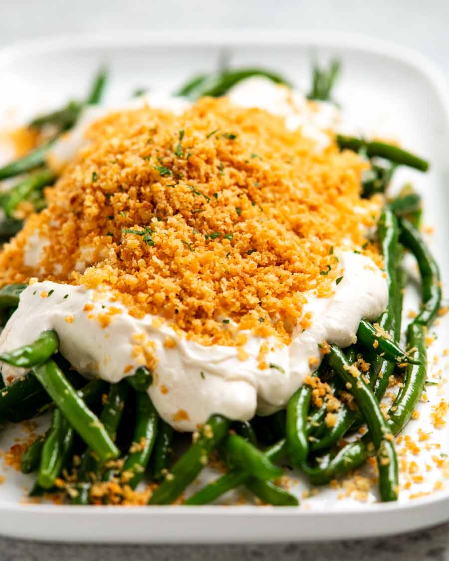 Green beans with a mountain of panko