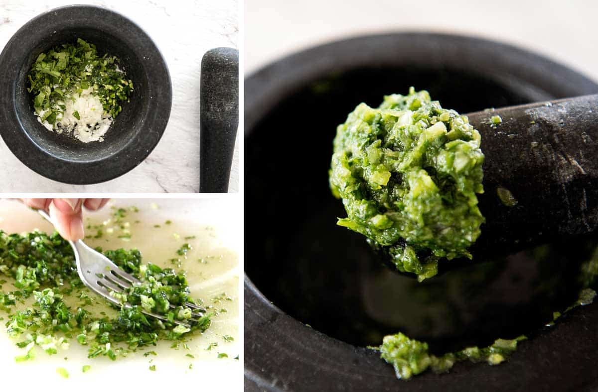 Mashing coriander, jalapeno and onion for a guacamole recipe.