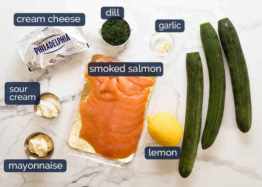 Ingredients in Cucumber Canapes with Smoked Salmon Mousse