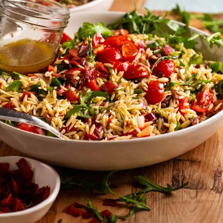 Italian risoni/ orzo salad with crispy salami bits