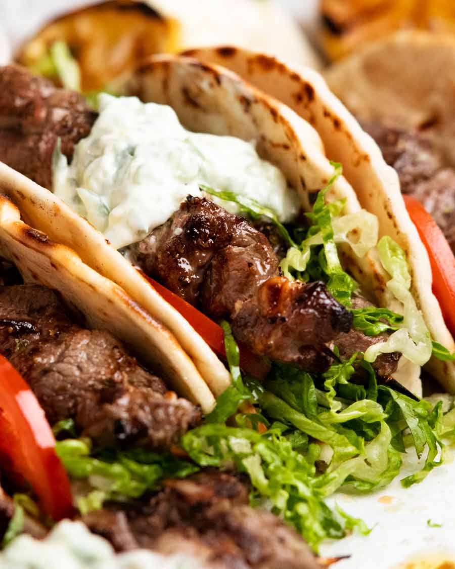 Lamb souvlaki stuffed in pita bread