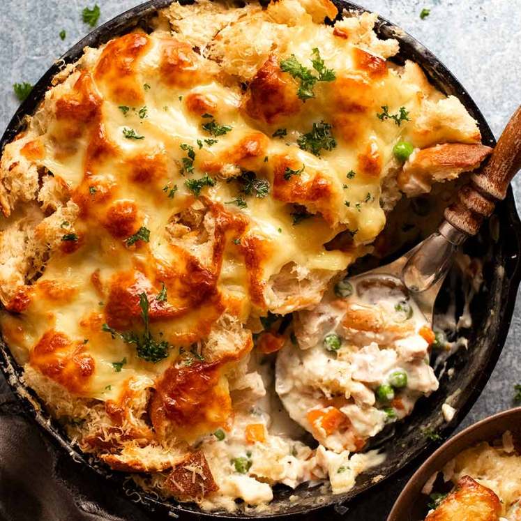 Overhead photo of Leftover Turkey Pot Pie, fresh out of the oven