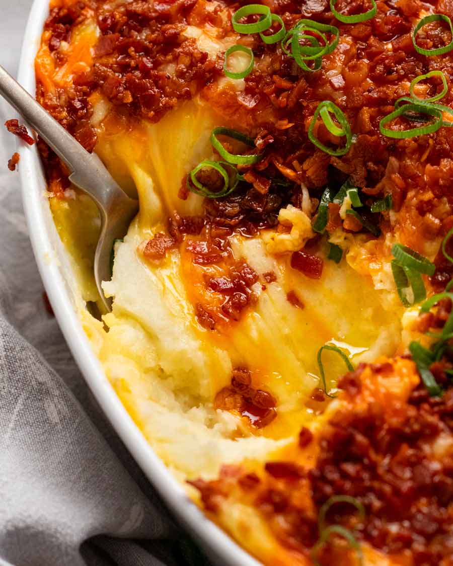 Close up of Mashed Potato Casserole