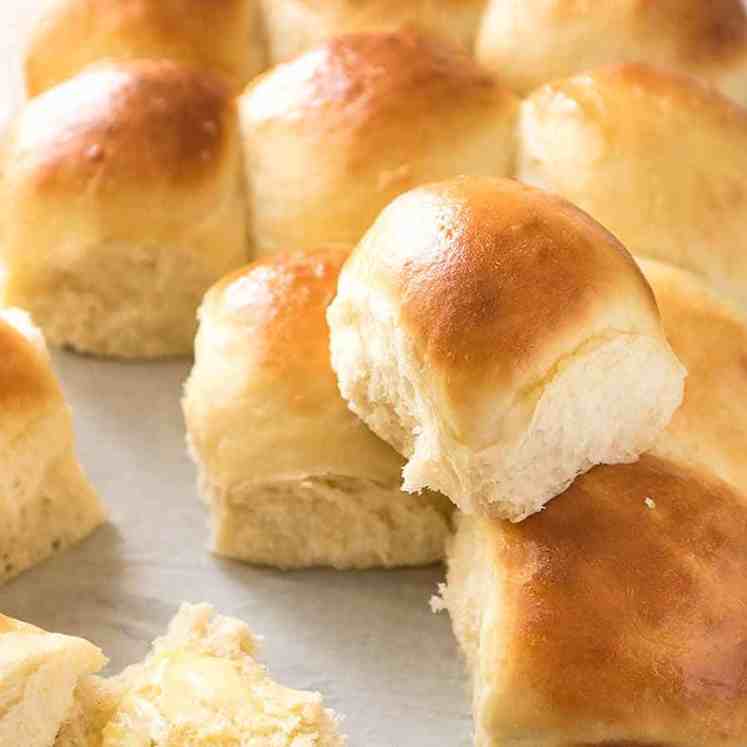 No Knead Soft Dinner Rolls fresh out of the oven, ready to be eaten