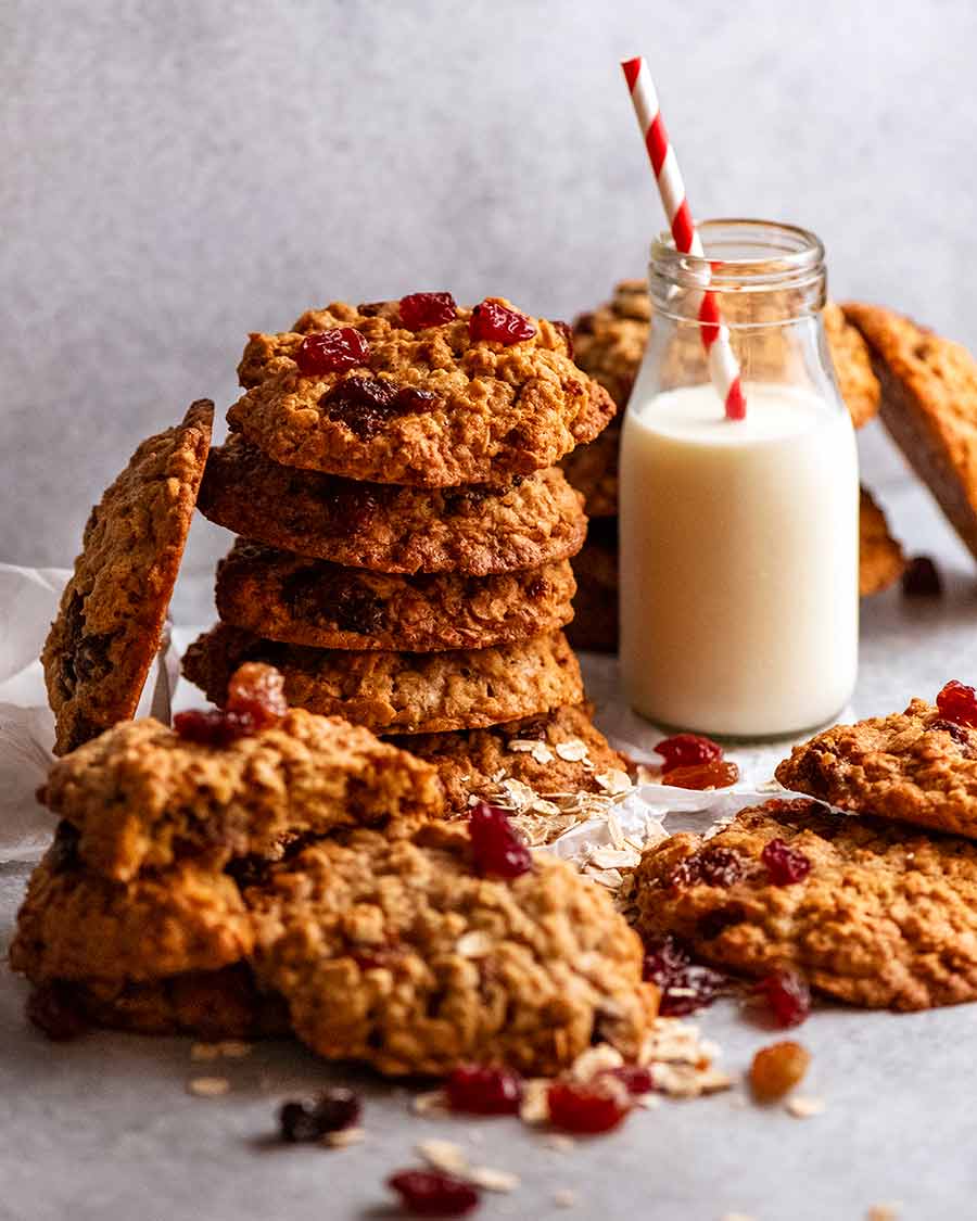 Pile of Oatmeal Raisin Cookies with milk