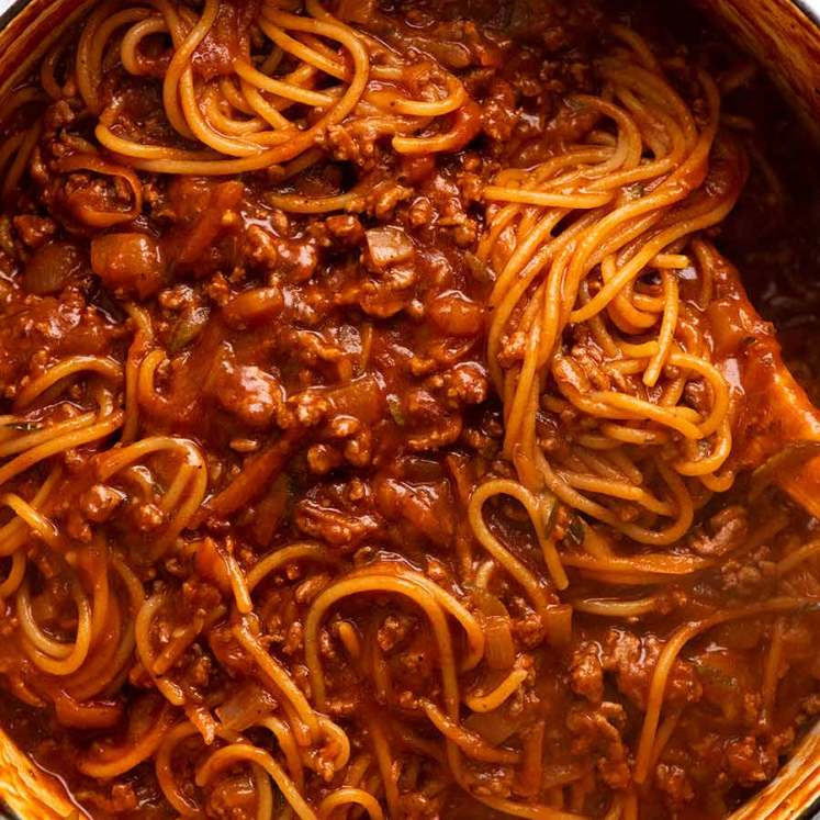 Pot of One Pot Pasta Bolognese, fresh off the stove