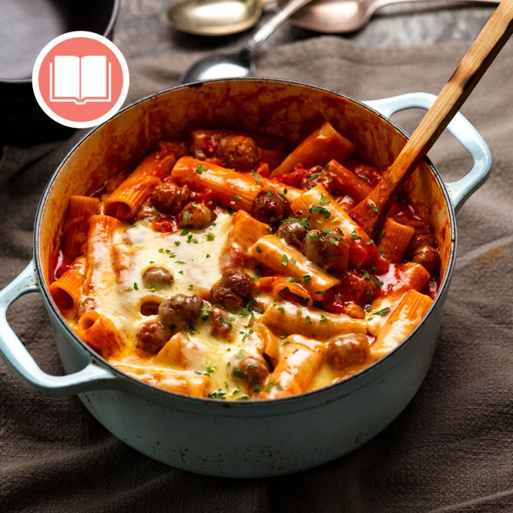 One Pot Sausage Meatball Pasta from RecipeTin Eats "Dinner" cookbook by Nagi Maehashi