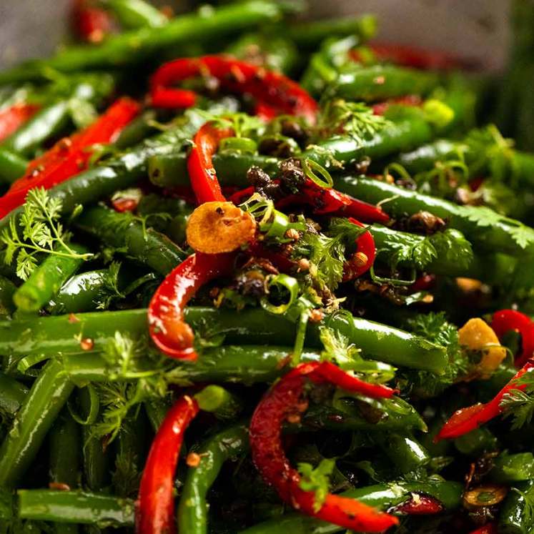 Close up of Yotam Ottolenghi's Green Bean Salad