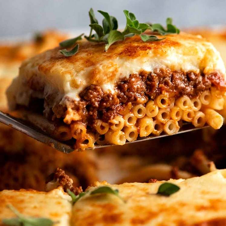 Serving a slice of Pastitsio, Greek Pasta Bake