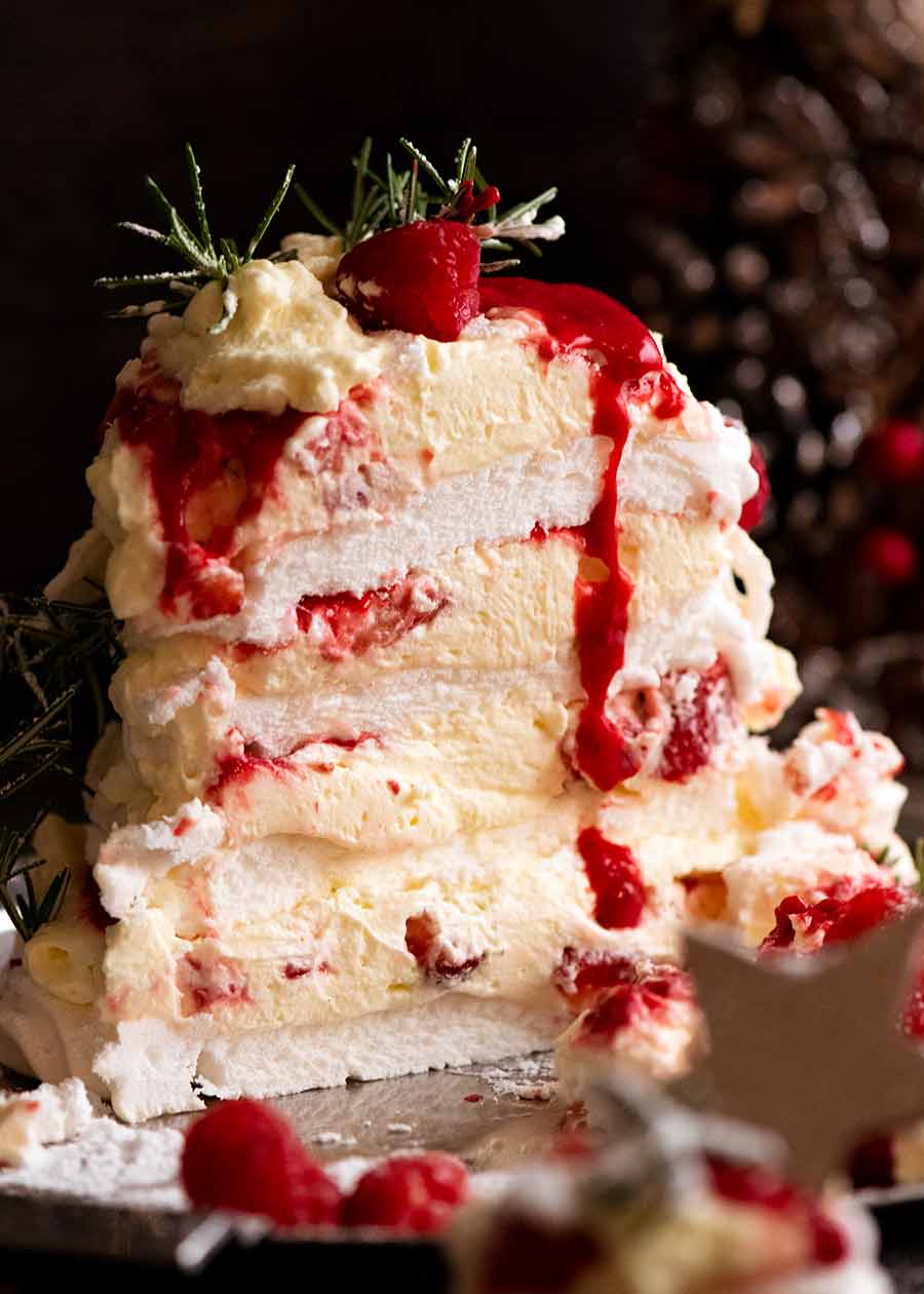 Showing marshmallow inside of Pavlova Christmas Tree Dessert