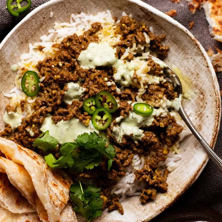 Bowl of Qeema - Indian Curried Beef Mince over basmati rice