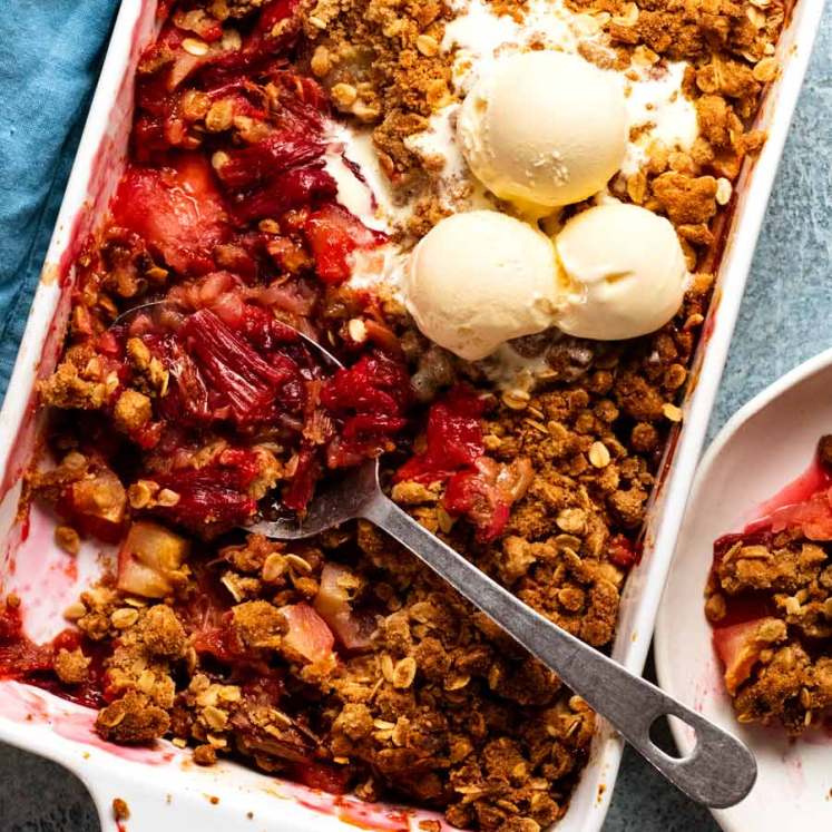 Overhead Rhubarb crumble with apple