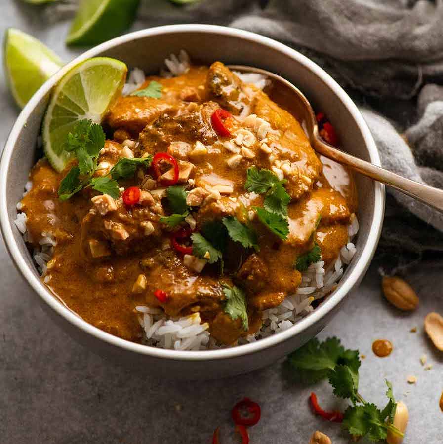 Bowl of Chicken Satay Curry (Malaysian) served over Jasmine Rice