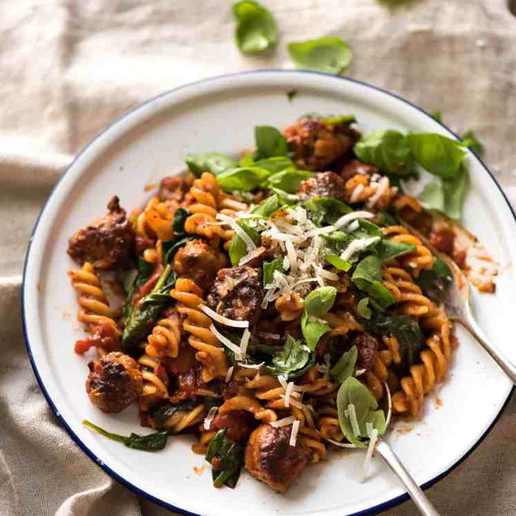 A quick and easy Sausage Pasta made using chopped up Italian sausages that look like meatballs! recipetineats.com