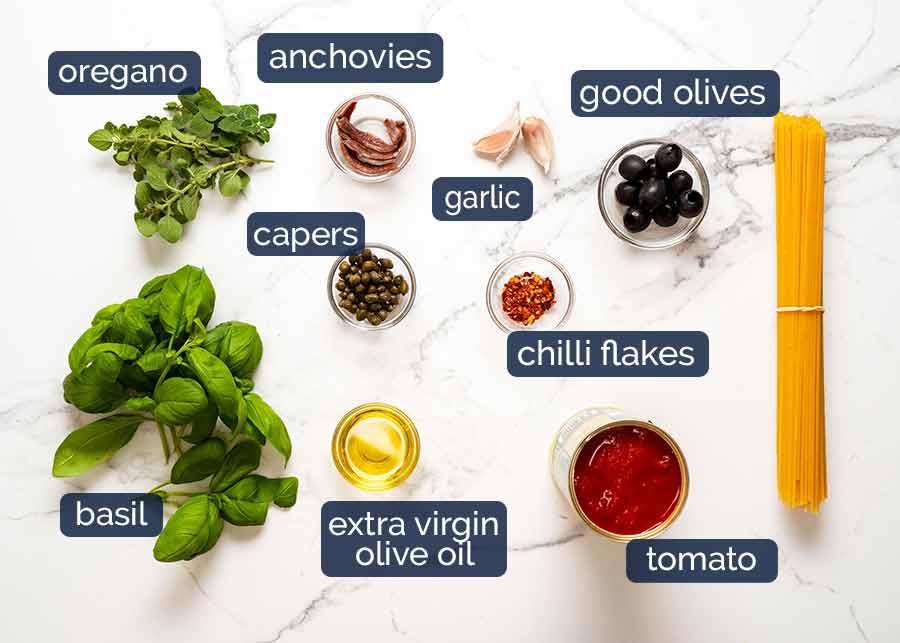 Ingredients in Spaghetti alla Puttanesca