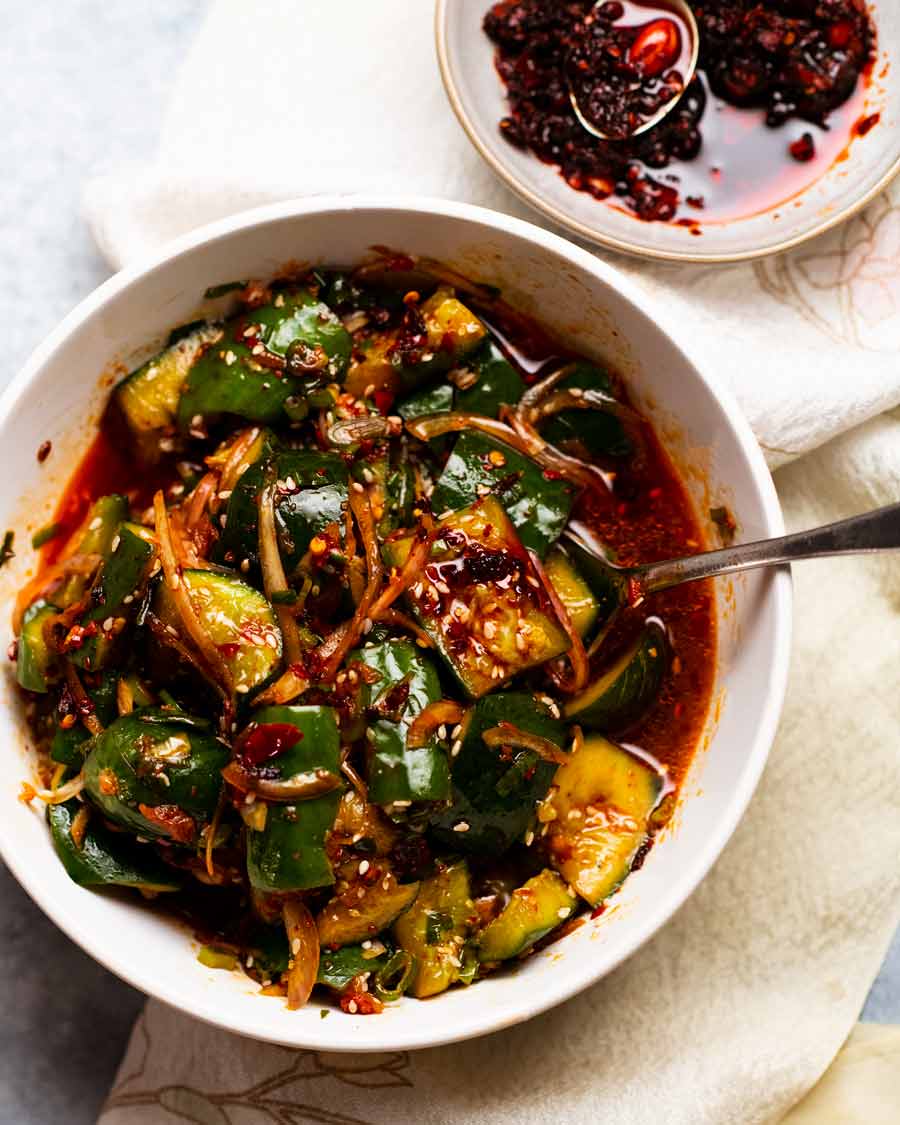 Spicy Cucumber Salad in a bowl ready to be served