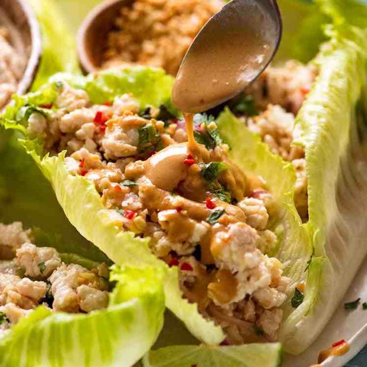 Drizzling Thai Peanut Sauce for Thai Lettuce Wraps