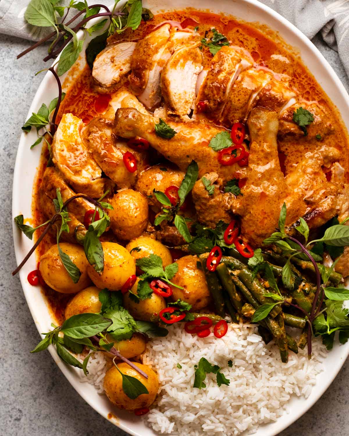 Platter of Thai red curry pot roast chicken