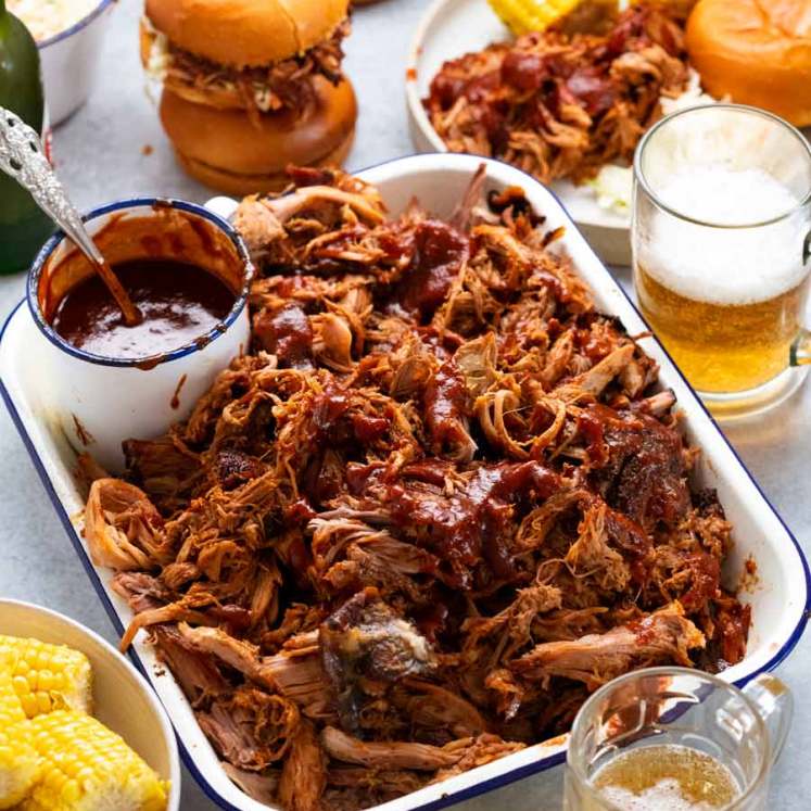 My best pulled pork in a pan with sides ready to be served