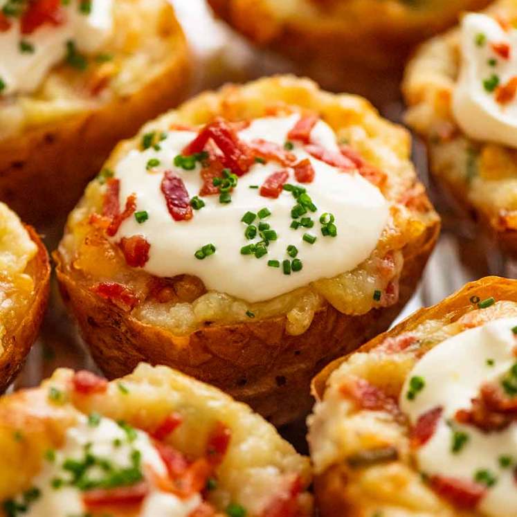 Tray of Stuffed Baked Potatoes (Twice Baked Potatoes) fresh out of the oven