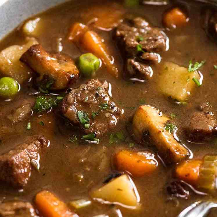 Close up photo of Vegetable Beef Soup with tender, slow cooked beef